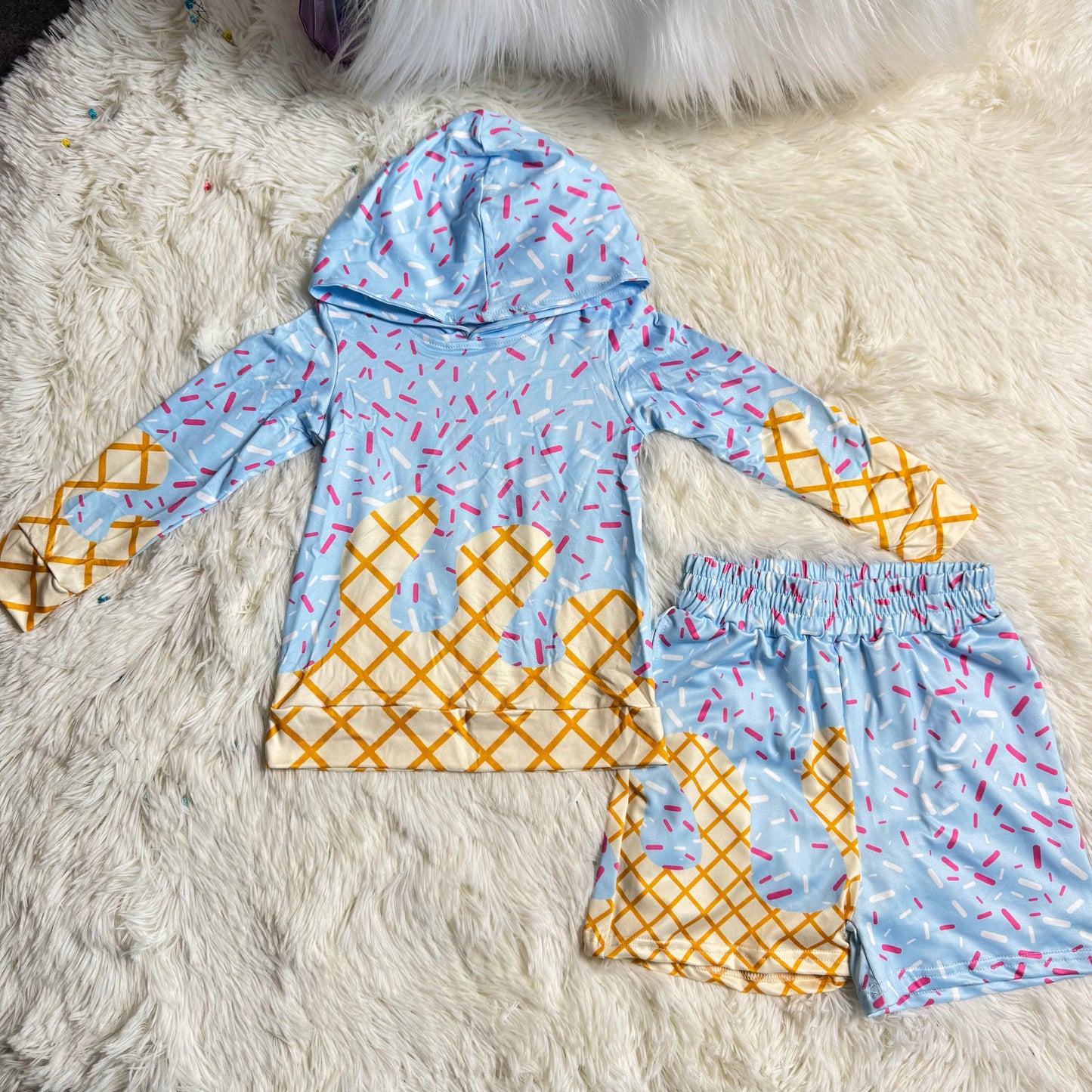 12.23 RST Baby Boys Blue Team Sprinkles Drips Long Sleeves Hoodies Tops Pockets Shorts Bottom