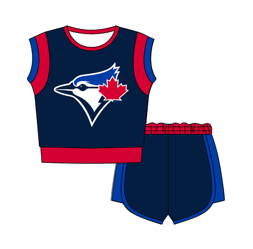 CUSTOM MOQ 5 Cute Comfortable Clothing For Kids Baby Kids Summer Dark Blue Sleeveless Patchwork Top Shorts Clothes Sets