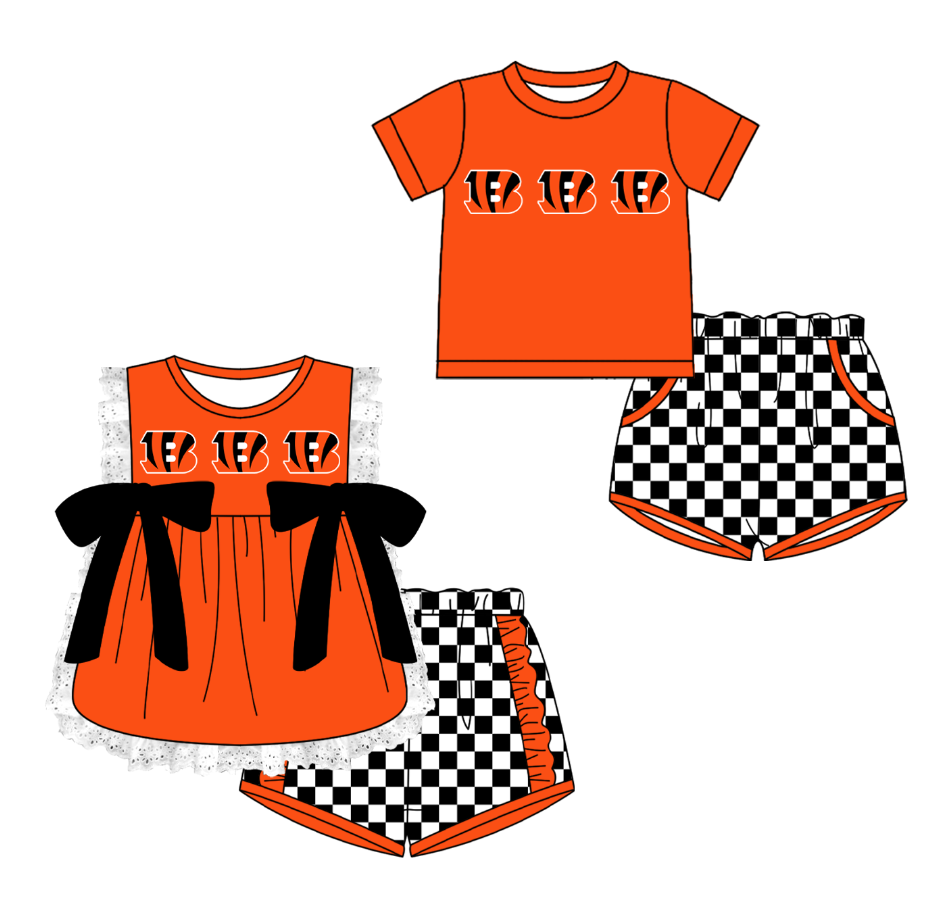 CUSTOM MOQ 5 Cute Kids Clothing Sibling Boys Baby Girls Summer Orange Top Black Checked Shorts Team Clothes Sets