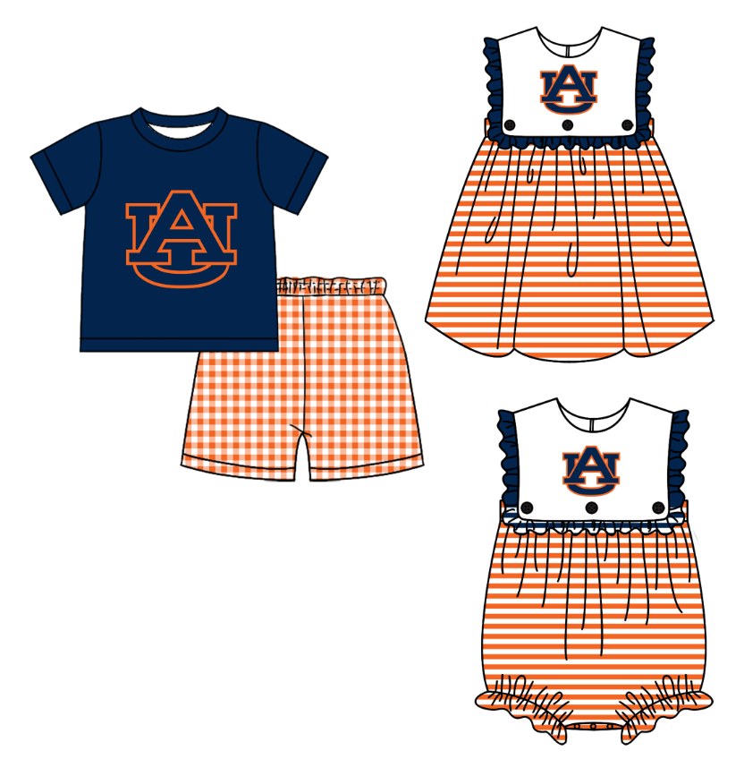 CUSTOM MOQ 5 Sibling Baby Kids Blue UA Top Checked Shorts Clothes Set Knee Length Dress Rompers