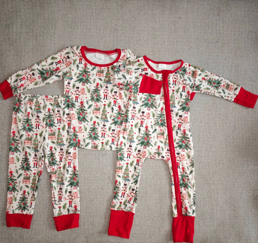 10.15 RTS Sibling Baby Boys Christmas Trees Soldiers Gifts Top Pants Pajamas Sets Zipper Footie Rompers