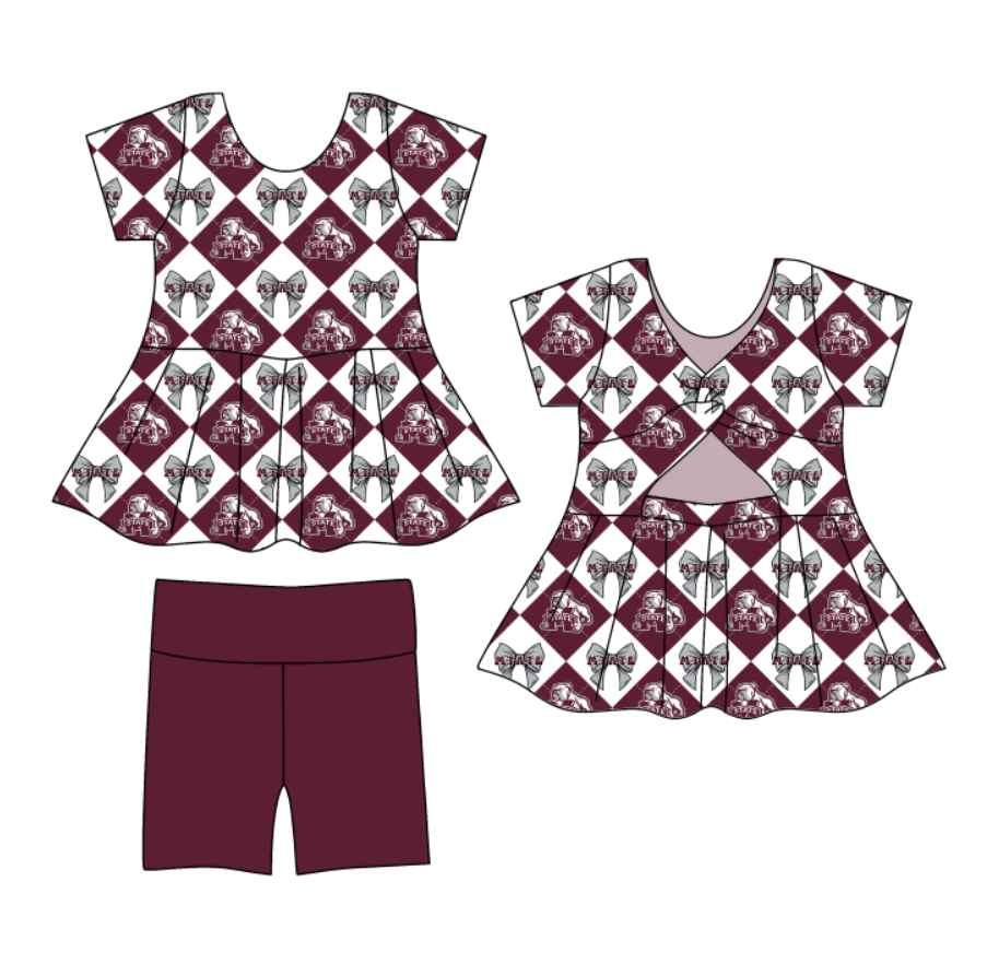 CUSTOM MOQ 5 Baby Girl Clothes Brownish Red Bow Plaid Team Short Sleeve Shorts Yoga Active Clothes Sets