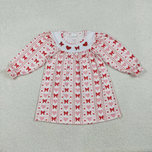 10.16 RTS Sibling Embroidery Hearts Bows Baby Girls Valentine Knee Length Dresses Ruffle Rompers
