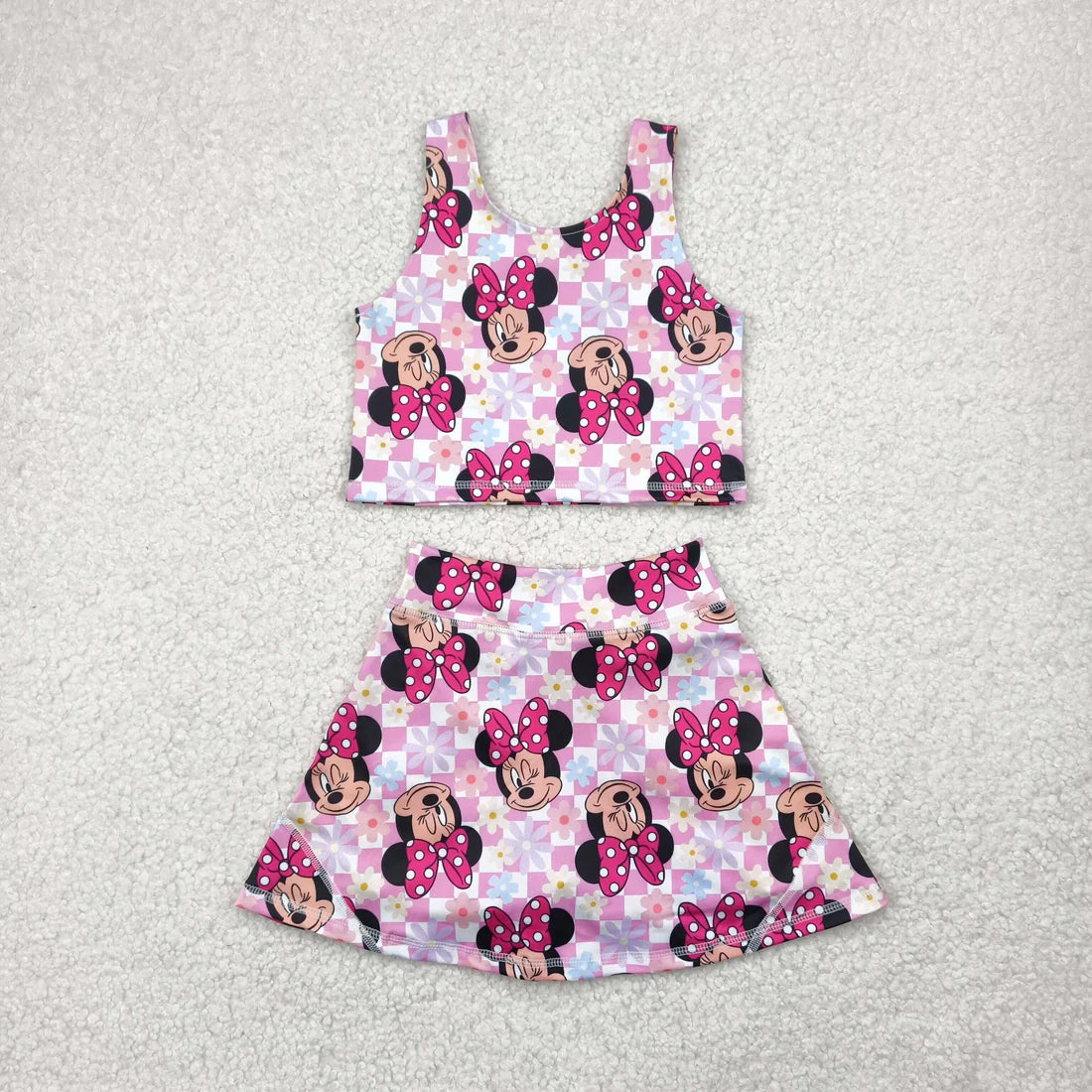 11.10 RTS Sibling Baby Girls Sleeveless Pink Plaid Cartoon Mouse Top Skort Yoga Set Knee Length Dress