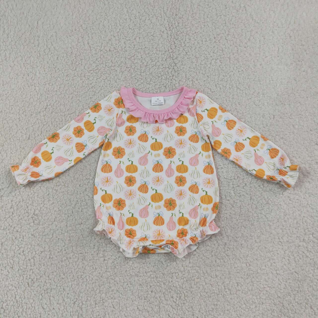LR3098 RTS NO MOQ (In stock)Baby Girls Pumpkin Long Sleeve Ruffle Rompers