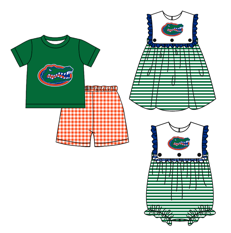 CUSTOM MOQ 5 Sibling Baby Kids Green Top Checked Shorts Clothes Set Knee Length Dress Rompers
