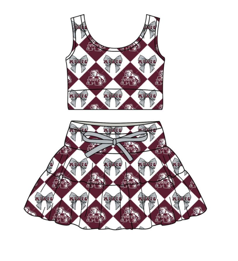 CUSTOM MOQ 5 Baby Girl Clothes Brownish Red Bow Plaid Top Skirts Yoga Active Team Clothes Sets