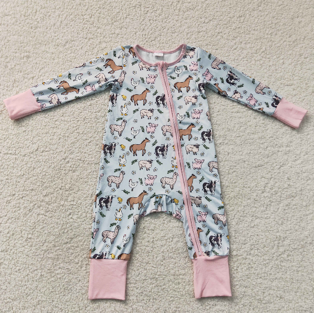 RTS NO MOQ Sibling milk silk Baby Girls Cute Farm Animal Cow Chick Long Sleeve Top Elastic Waist Pants Sleep Set Two Way Zip Convertible Rompers