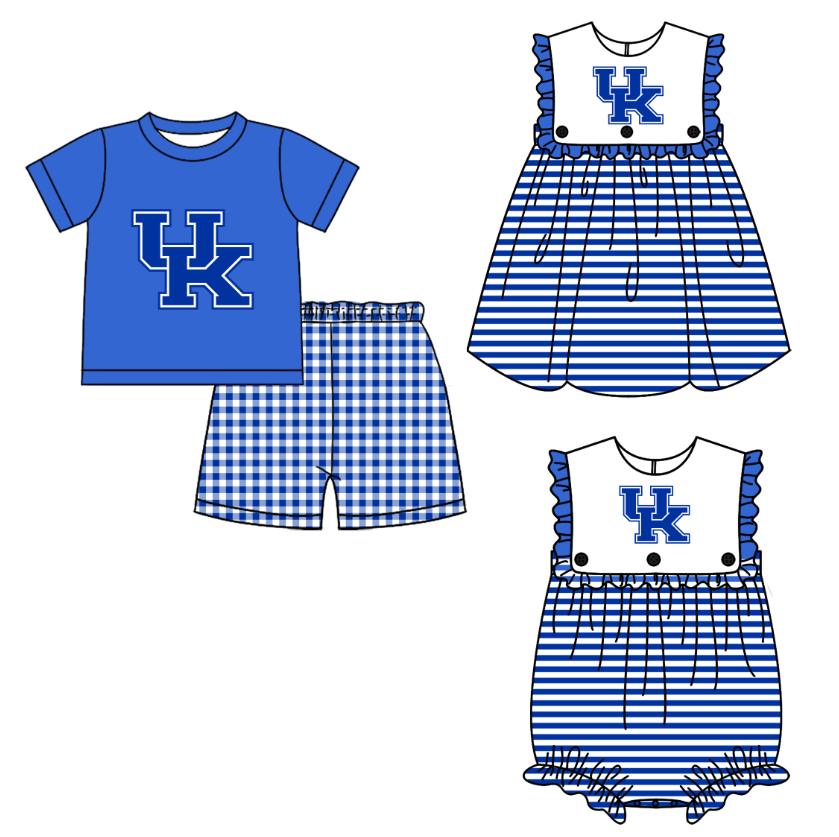 CUSTOM MOQ 5 Sibling Baby Kids Blue UK Top Checked Shorts Clothes Set Knee Length Dress Rompers