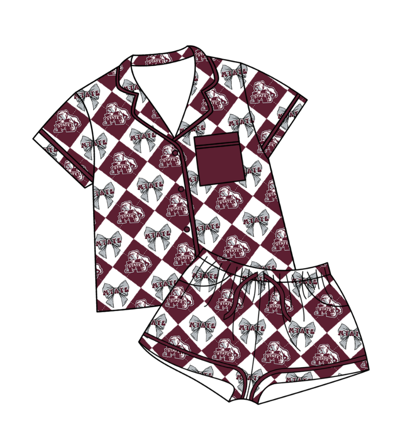 CUSTOM MOQ 5 Baby Girl Clothes Brownish Red Bow Plaid Top Bottom Shorts Pajamas Team Clothes Sets