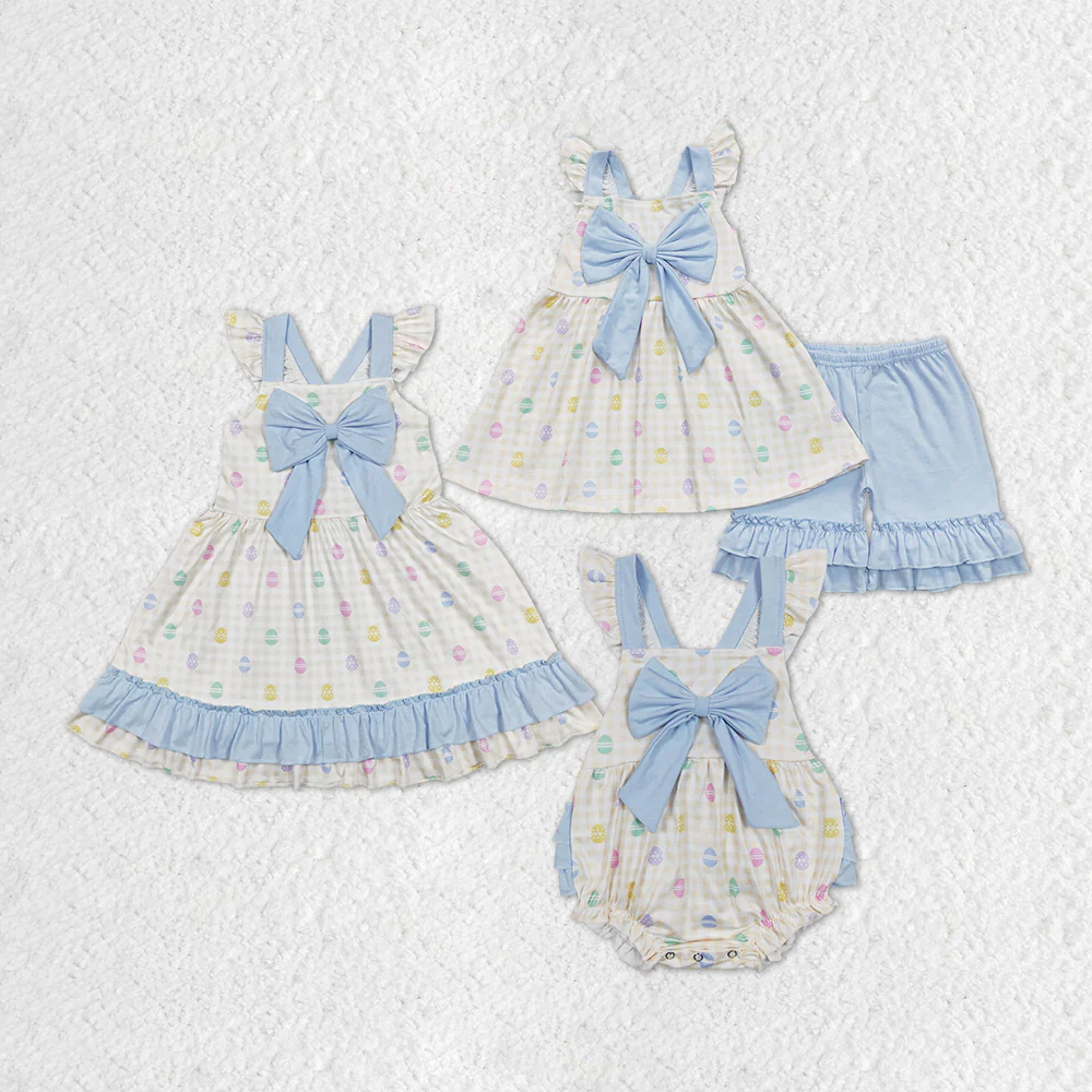Sibling Baby Girls Bow Easter Eggs Rompers Dresses Outfits Suits