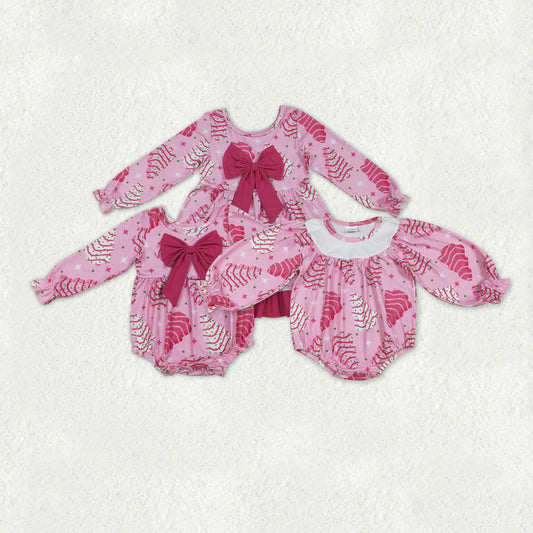 10.14 RTS Sibling Baby Girls Pink Stripe Trees Stars Bow Christmas Knee Ruffle Length Dresses Rompers