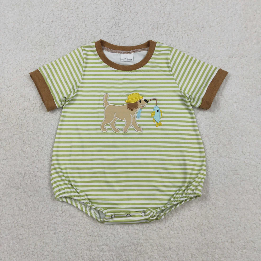 1.27 RTS Sibling Baby Boys Embroidery Dog Fishing Stripe Top Short Hunting Clothes Set Rompers
