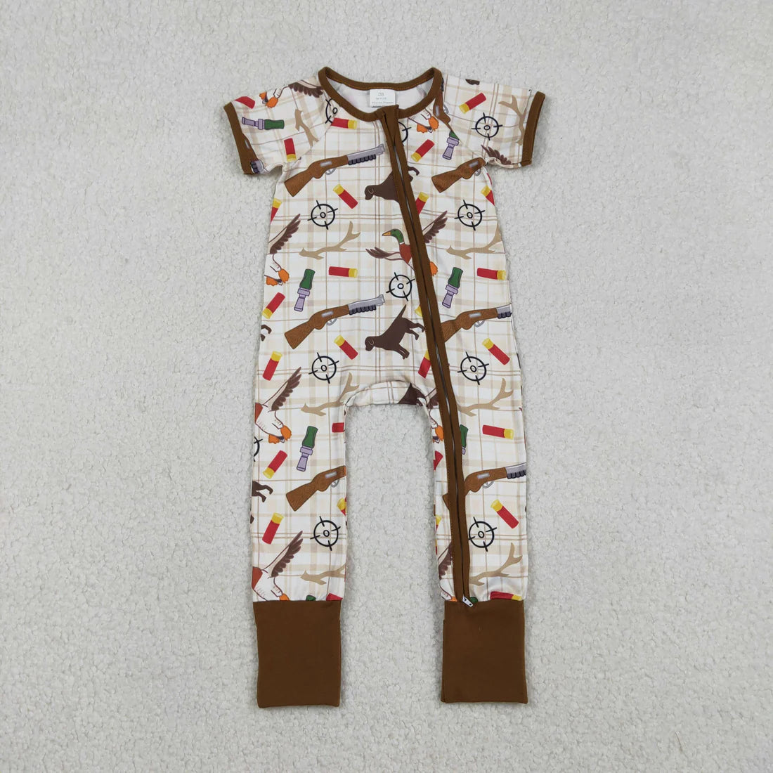 12.18 RTS Sibling Baby Boys Dogs Ducks Checked Pants Hunting Pajamas Set Zipper Rompers
