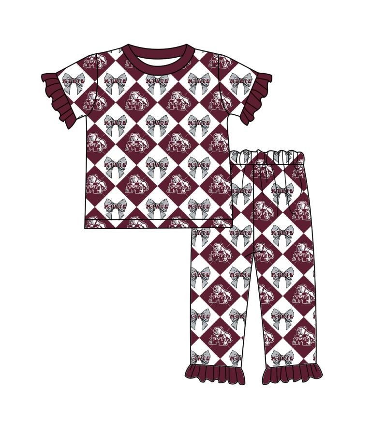 CUSTOM MOQ 5 Baby Girl Clothes Brownish Red Bow Plaid Top Pants Team Pajamas Sets