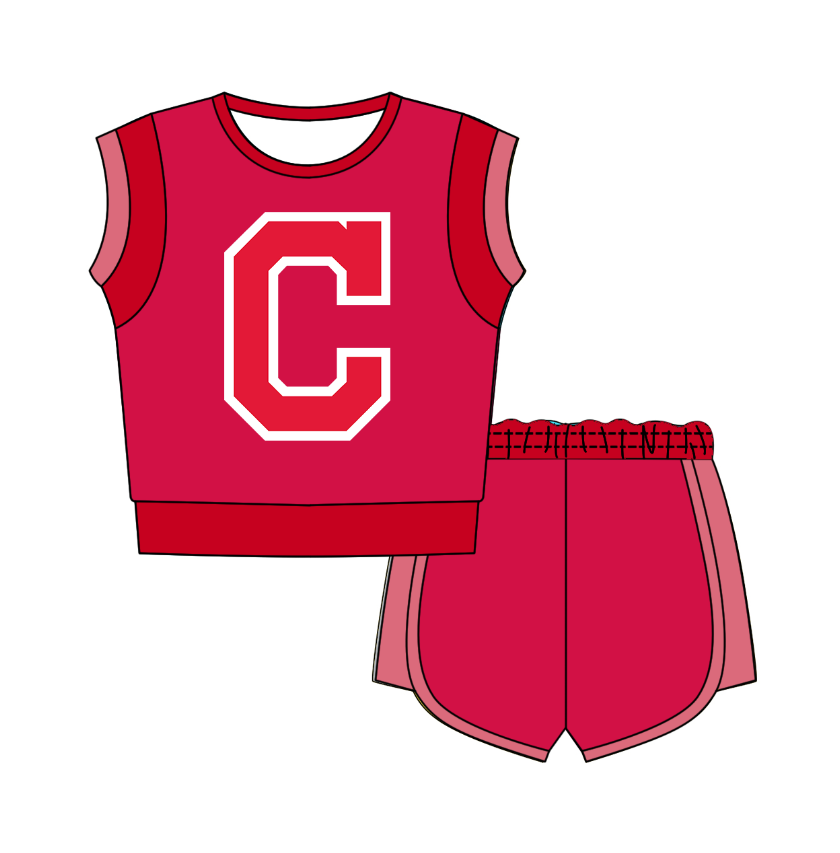 CUSTOM MOQ 5 Cute Comfortable Clothing For Kids Baby Kids Summer Pink Red C Sleeveless Patchwork Top Shorts Clothes Sets