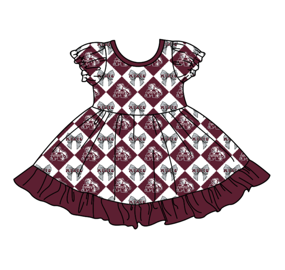 CUSTOM MOQ 5 Baby Girl Brownish Red Bow Plaid Short Sleeve Team Knee Length Dresses