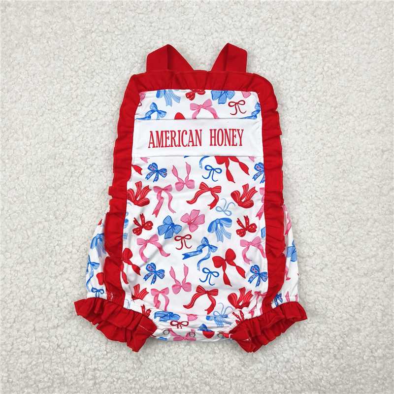 12.19 RTS NO MOQ (In stock)Matching 4th Of July SR3048 Baby Girls Red Strap American Honey Blue Bows 4th Of July Rompers