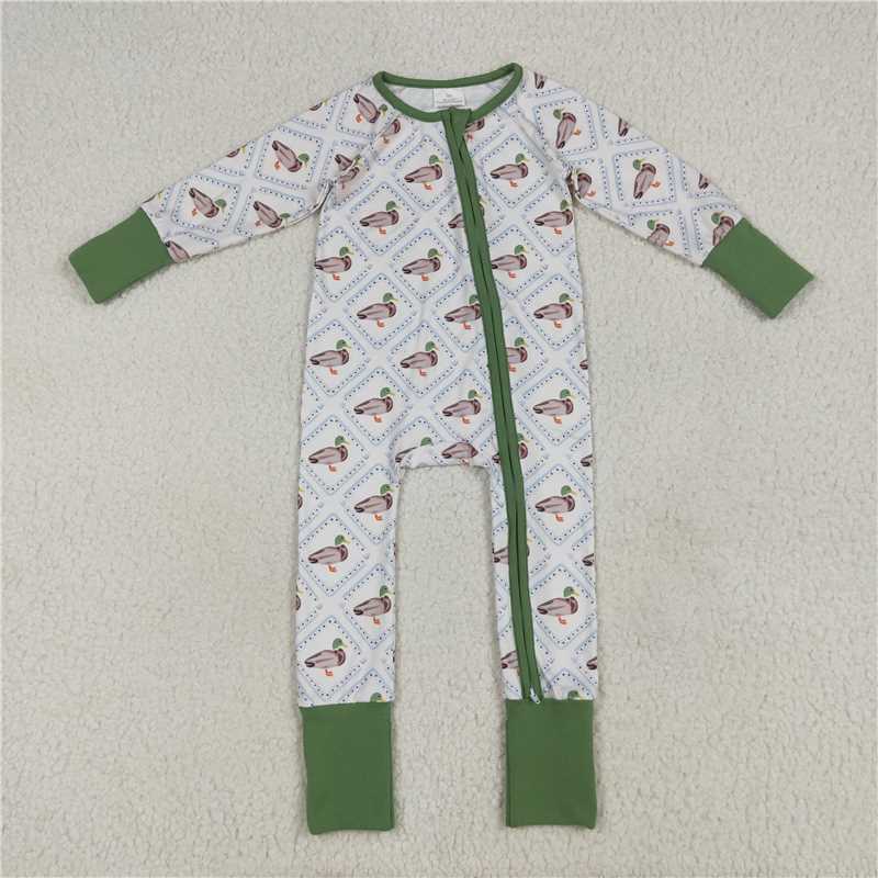 USA Warehouse (IN STOCK) LR2269 Baby Girls Long Sleeves Green Ducks Plaid Zipper Rompers
