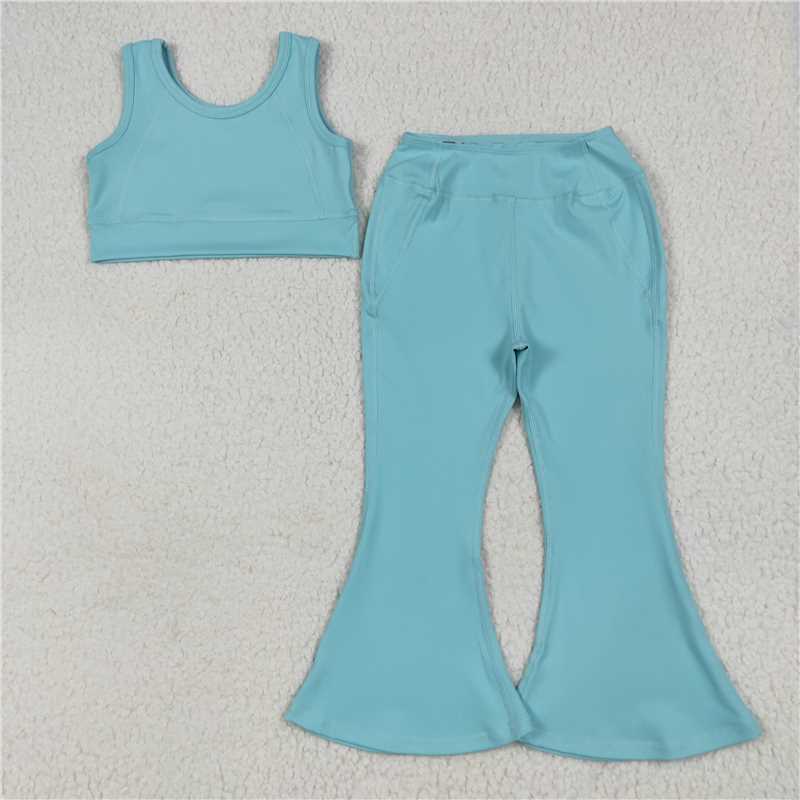 10.17 RTS NO MOQ (In stock)Matching GSPO2004 Baby Girls Aqua Yoga Vest Bell Bottom Pants Active Wear Clothes Sets