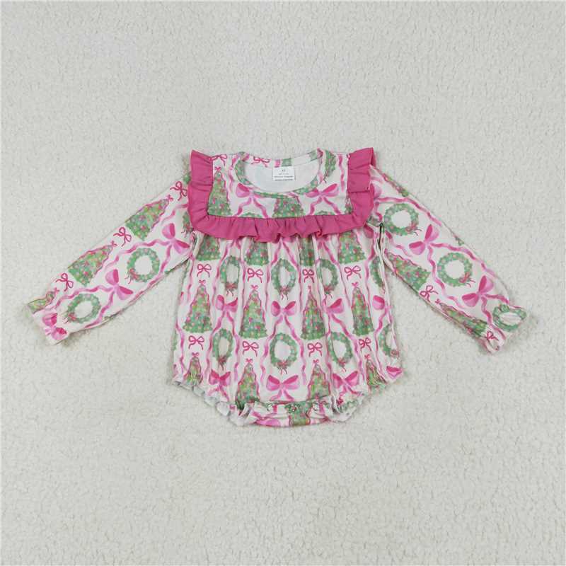 11.28 RTS NO MOQ (In stock)LR2202 Baby Girls Long Ruffle Sleeves Trees Bows Ruffle Rompers