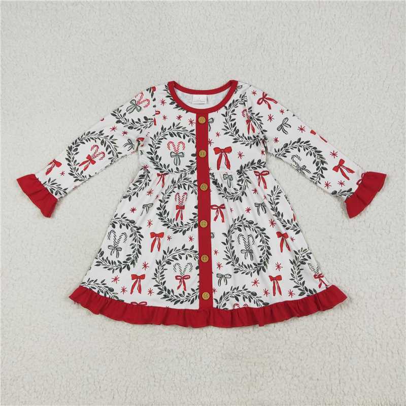 11.20 RTS NO MOQ (In stock)GLD1082 Baby Girls Christmas Green Red Bows Button Knee Length Dresses