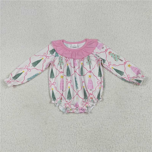 10.17 RTS NO MOQ (In stock) Matching Christmas LR2275 Baby Girls Long Sleeves Pink Bows Trees Plaid Ruffle Rompers