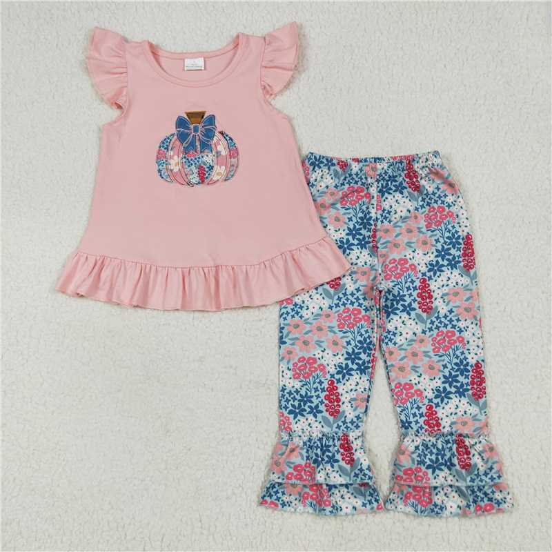 11.18 RTS NO MOQ (In stock)Matching GSPO2032 Baby Girls Pink Flutter Sleeves Floral Pumpkin Tunic Ruffle Pants Sets
