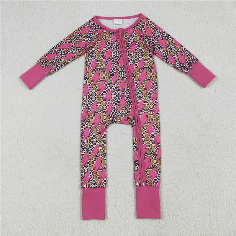 11.25 RTS NO MOQ (In stock)Matching LR2250 Baby Girls Western Pink Lightning Leopard Zipper Rompers
