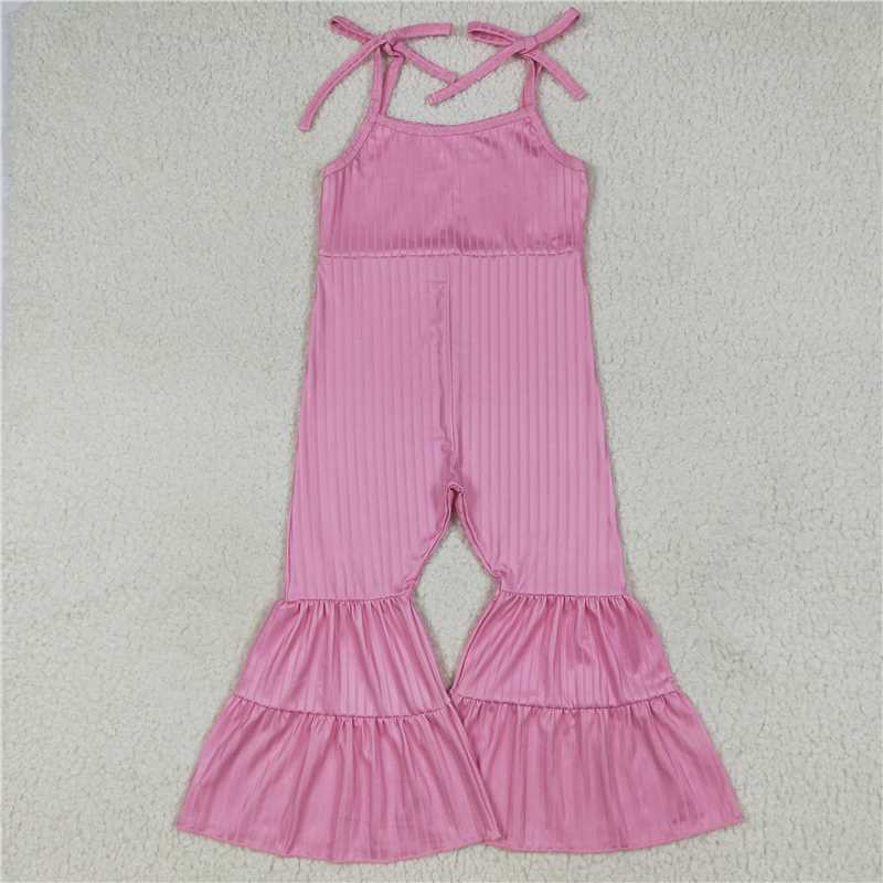 11.18 RTS NO MOQ (In stock)Matching SR3156 Baby Girls Pink Strap Bell Bottom Ribbed Jumpsuits