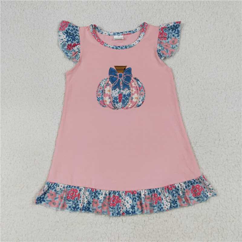 11.18 RTS NO MOQ (In stock)Matching GSD2585 Baby Girls Pink Flutter Sleeves Floral Pumpkin Ruffle Knee Length Dresses