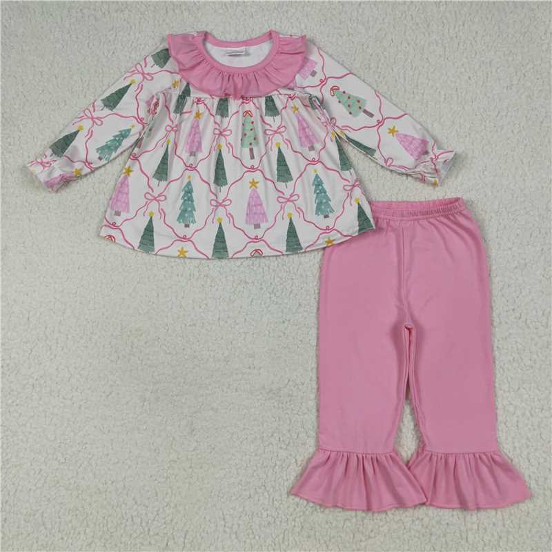 12.6 RTS NO MOQ (In stock)GLP2420 Baby Girls Long Sleeves Trees Bows Plaid Tunic Ruffle Pant Sets