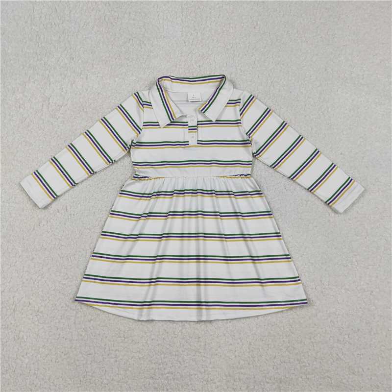 11.7 RTS NO MOQ (In stock)Matching Mardi gras LD1331 Baby Girls Mardigras Stripes Button Knee Length Dresses