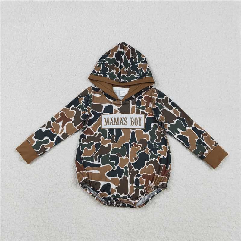 USA Warehouse (IN STOCK) LR2796 Embroidery Mama's Boy Baby Boys Dark Brown Camo Hoodie Rompers