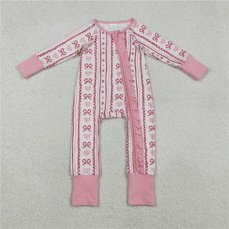 12.5 RTS NO MOQ (In stock)Matching Valentines LR2781 Baby Girls Pink Bows Hearst Stripe Valentines Two Way Ruffle Zip Convertible Rompers