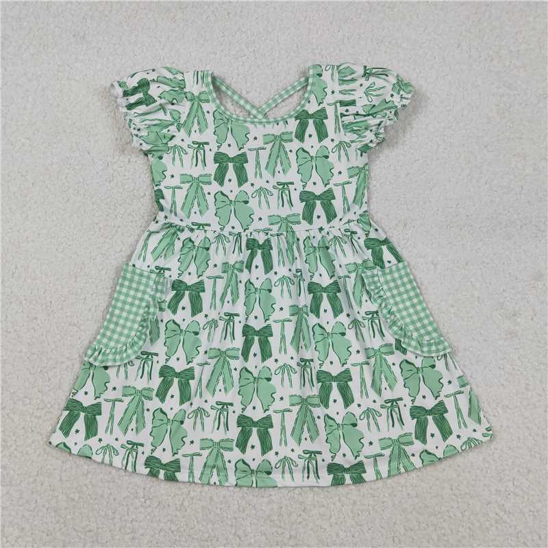 12.22 RTS Sibling Baby Girls Green Bows Clovers Pockets St Patrick Knee Length Dress Ruffle Rompers