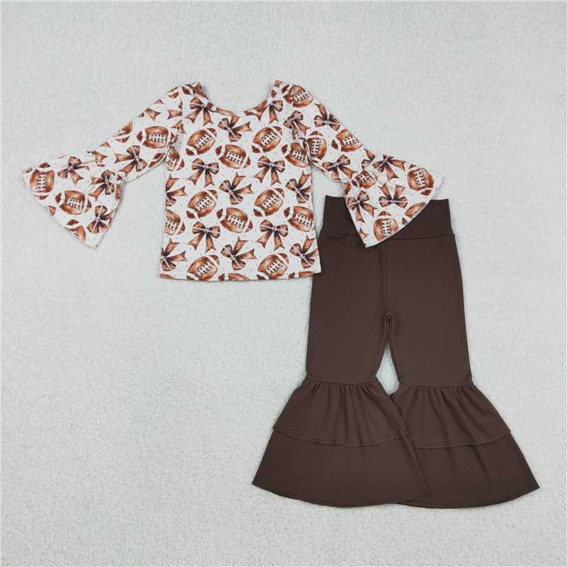 12.18 RST GLP2787 Baby Girls Bell Sleeve Footballs Bows Top Ruffle Bell Bottom Pants Team Clothes Set