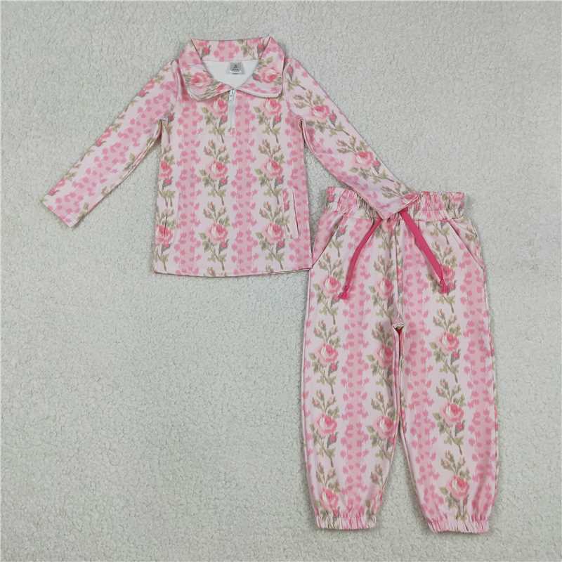 12.26 RST GLP2940 Baby Girls Pink Flowers Stripe Pockets Zipper Pullovers Jogger Yoga Active Clothes Set