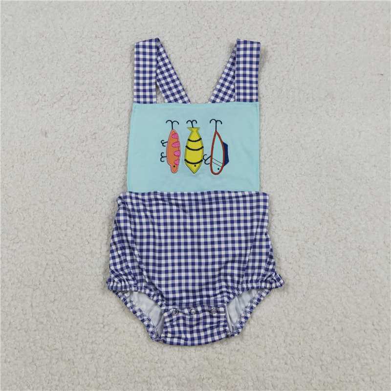 12.26 RTS NO MOQ (In stock)Matching SR3413 Embroidery Fishing Baby Boys Checked Strap Hunting Rompers