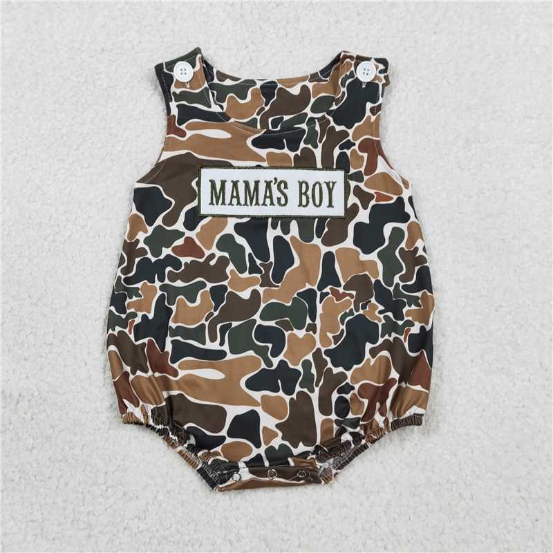USA Warehouse (IN STOCK) SR3908 Baby Boys Summer Romper Embroidery Mama's Boy Sleeveless Southern Dark Brown Camo Rompers