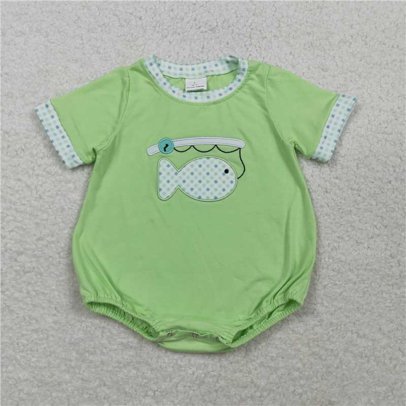 USA Warehouse (IN STOCK) SR3750 Children's Fashion Romper Embroidery Fishes Baby Boys Green Short Sleeve Hunting Rompers