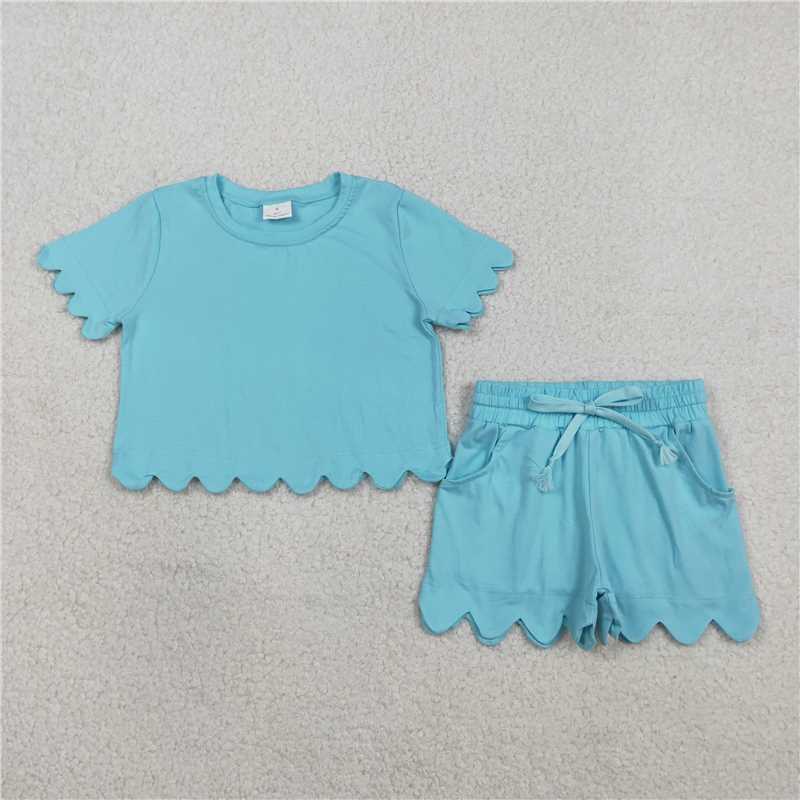 USA Warehouse (IN STOCK) GSSO3180 Short sleeves aqua scallop top shorts girls summer outfit