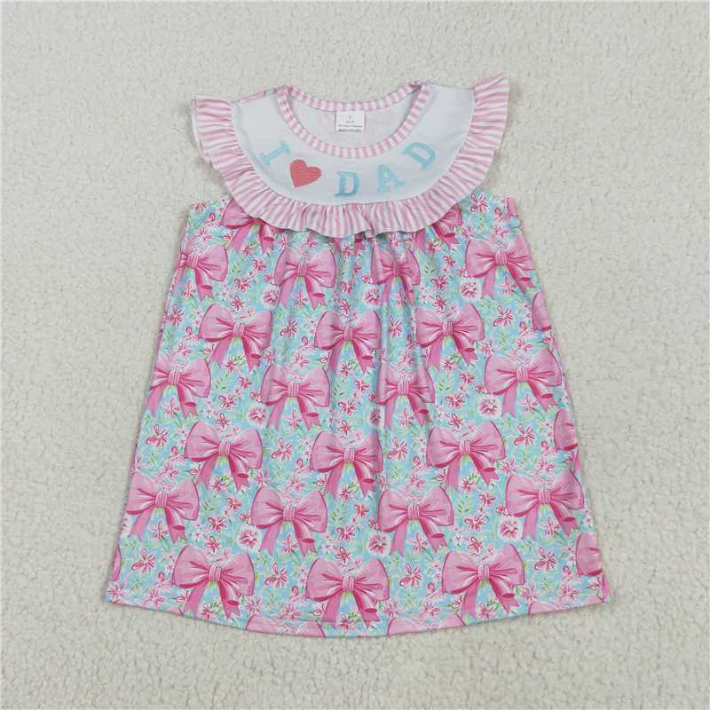 11.5 RTS NO MOQ (In stock)Matching GSD2534 Embroidery Baby Girls Pink I Love Dad Floral Bows Knee Length Dresses