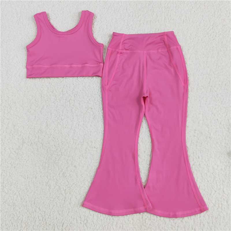10.17 RTS NO MOQ (In stock)Matching GSPO2002 Baby Girls Dark Pink Yoga Vest Bell Bottom Pants Active Wear Clothes Sets