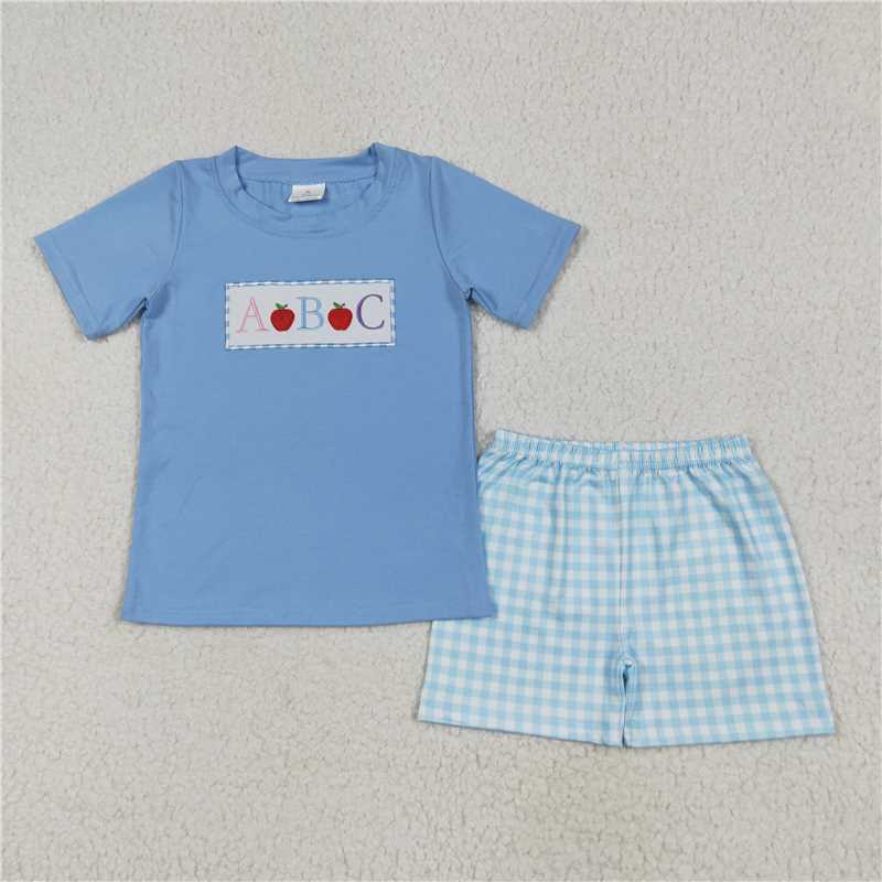 12.30 RTS NO MOQ (In stock)BSSO1331 Baby Boys Blue Embroidery Apple ABC Top Plaid Shorts Back To School Clothes Sets