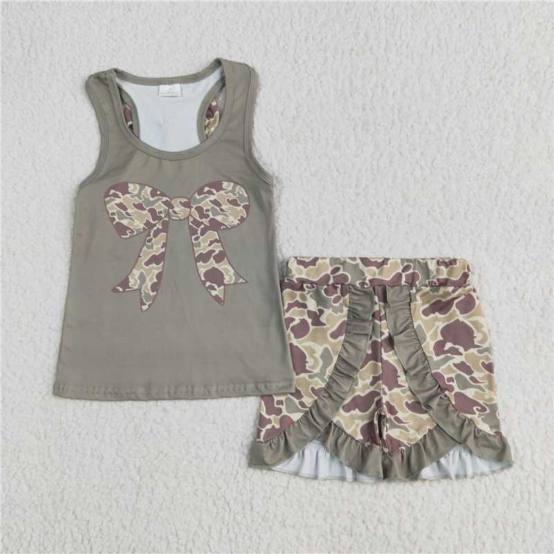 12.15 RTS NO MOQ (In stock)Matching GSSO1629 Baby Girls Dark Green Bows Vest Ruffle Shorts Clothes Sets
