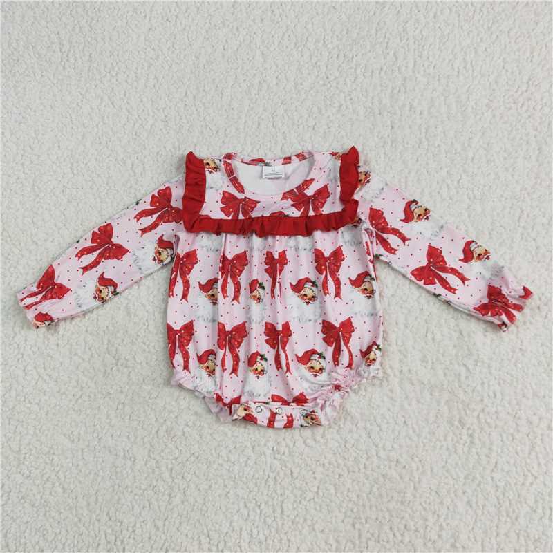 12.1 RTS NO MOQ (In stock)Matching Christmas LR2210 Baby Girls Christmas Red Santa Bows Ruffle Rompers