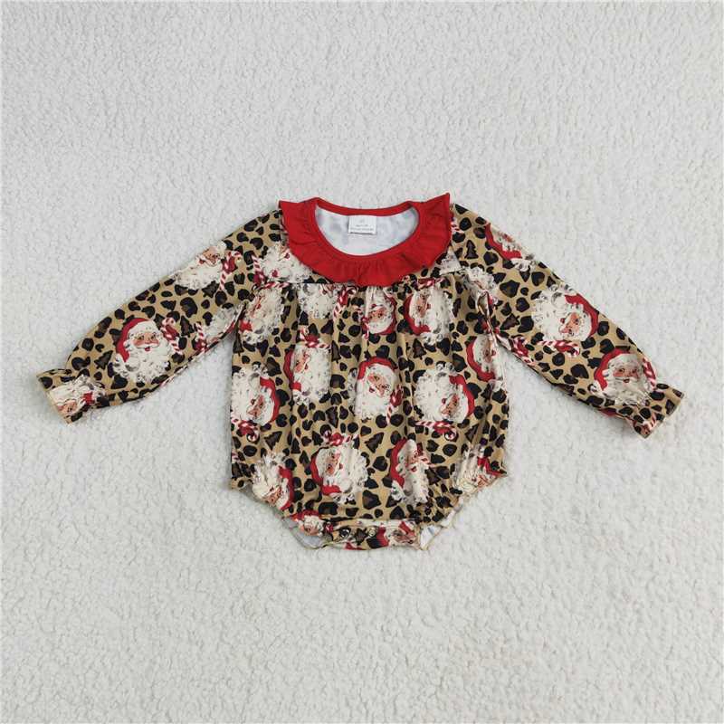 11.29 RTS NO MOQ (In stock)LR2237 Baby Girls Christmas Leopard Santa Ruffle Rompers