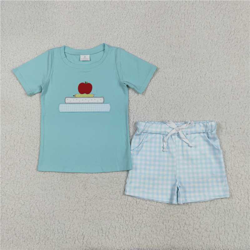 12.30 RTS NO MOQ (In stock)BSSO1329 Baby Boys Embroidery Apple Pencil Top Pockets Shorts Back To School Clothes Sets