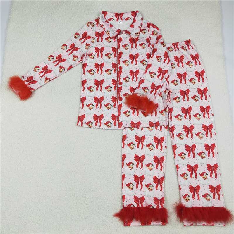 10.20 RTS NO MOQ (In stock)Matching Christmas GLP2715 Adult Women Red Bows Santa Button Top Pants Christmas Fur Pajamas Sets